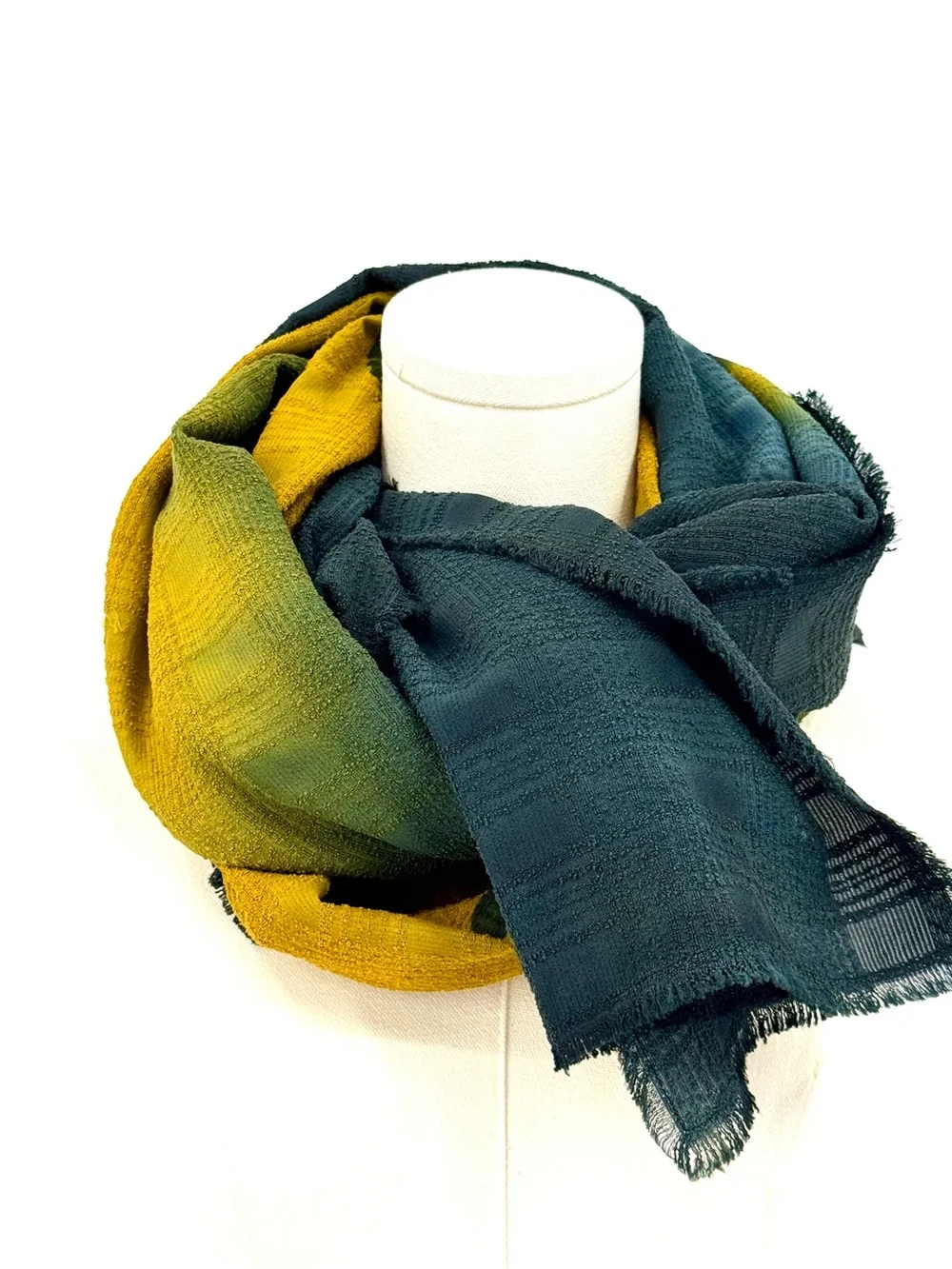 Vintage artisan crafted hand dyed raw silk shawl scarf green yellow